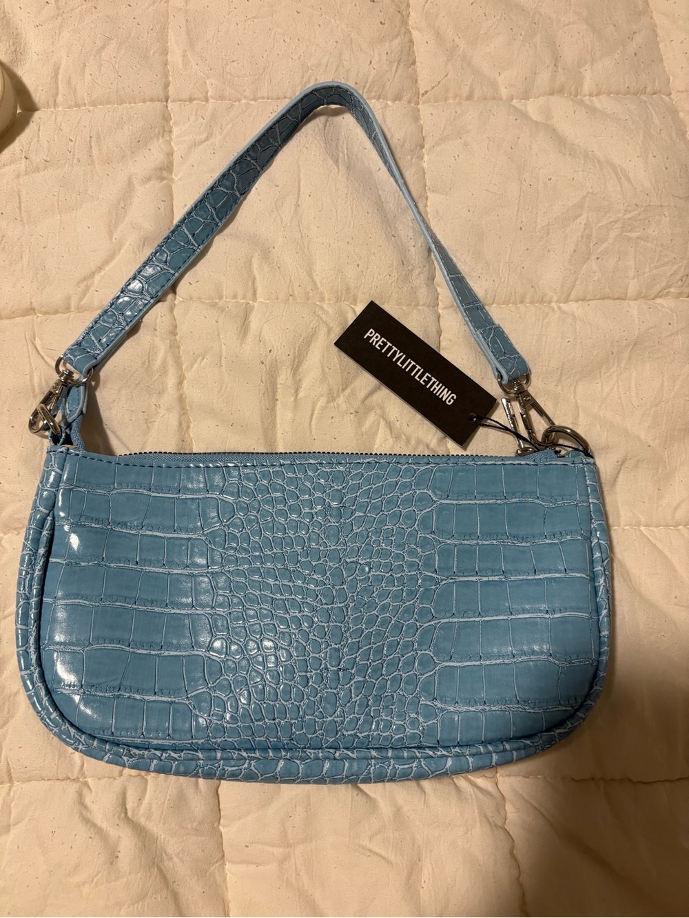 PRETTYLITTLETHING Sky Blue Croc-Embossed Mini Shoulder Bag